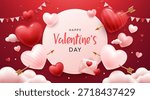 Valentine’s Day Romantic Background with 3D Hearts, Clouds and Central Frame