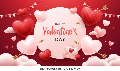 Fondo romántico del día de San Valentín con corazones 3D, nubes y marco central