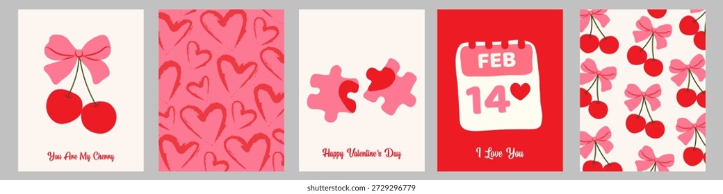 Tarjeta de felicitación romántica del día de San Valentín fijada con el rompecabezas del amor, calendario del 14 de febrero, patrón de la cereza, del corazón y de la cereza. Ilustración vectorial