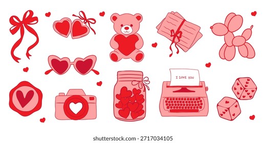 Icono romántico del día de San Valentín con oso de peluche, carta de amor, dados y símbolos de amor. Linda colección de Elementos de vacaciones para tarjetas de felicitación, pegatinas, invitaciones