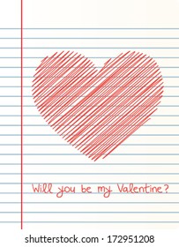 Valentine'Â?Â?s Day Romantic Note| Sketched Heart and Handwritten Message on notebook paper background