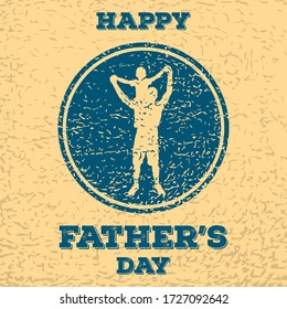 Father’s Day - a round road sign with grunge effect. Silhouettes of dad and son. Emblem with vintage skin texture. Logo with a man and a child on the shoulders. Vector illustration in retro style.