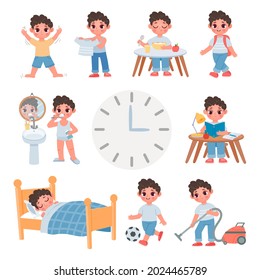 Day Routine Activity For Cartoon School Kid Boy. Daily Schedule With Cute Boy Sleep, Eat, Play, Study And Clean. Health Lifestyle Vector Set. Illustration Of Everyday Boy, Daily Morning Play Study