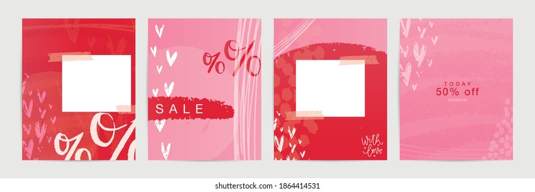 Valentine’s day sale abstract social media post, ad banner template in bright candy pink and red colours. Hand drawn shapes under the mask to make promotional materials, on-line advertisement.