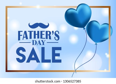 Father’s Day sale background, flying heart shaped balloons on blue bokeh lights, Vector Illustration