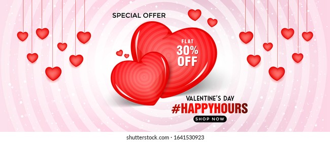 Valentine’s Day sale banner with beautiful hanging hearts decorated on pink and white background