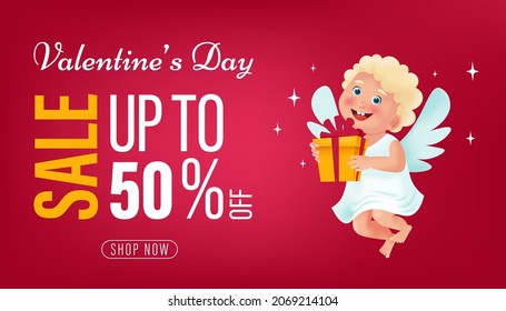Valentine’s Day Sale banner with cute cartoon cupid. Vector template for website, posters, ads, coupons, promotional, flyer, voucher or other