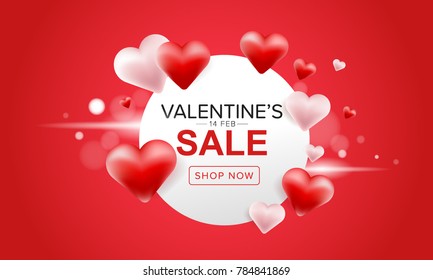 Valentine’s day sale banner design with red and pink 3D heart balloons on red background. Vector illustrator