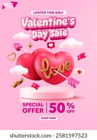 Valentine’s Day Sale banner featuring two red Valentine hearts with golden love text, pierced by a cupid arrow, surrounded by love-themed decorations on a pink Valentine background