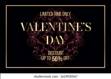 Valentine’s day sale banner. Vector illustration with golden elements. Design template for online and offline shopping. Promo text, decor and gold frame on black background