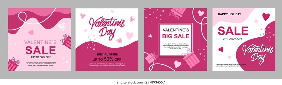 Valentine’s Day sale banners with a romantic pink and red theme, featuring hearts, gift boxes, and elegant typography. Perfect for social media promotions, online stores, and marketing campaigns. 