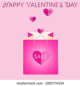 Valentine’s day sale and discount and wishing happy valentines day. Pink shopping bag with heart. Isolated vector illustration