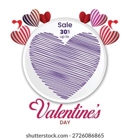 Diseño del Vector del poste de la venta del día de San Valentín con los corazones rojos rosados románticos. Post de celebración de San Valentín