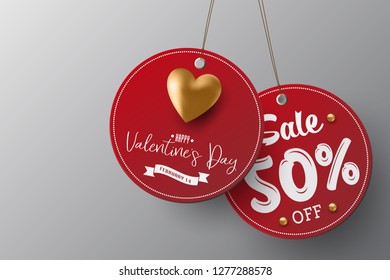 Valentine’s day sale red paper tags with 3d heart shapes and ornaments elements hanging with discount text for shopping promotion.
