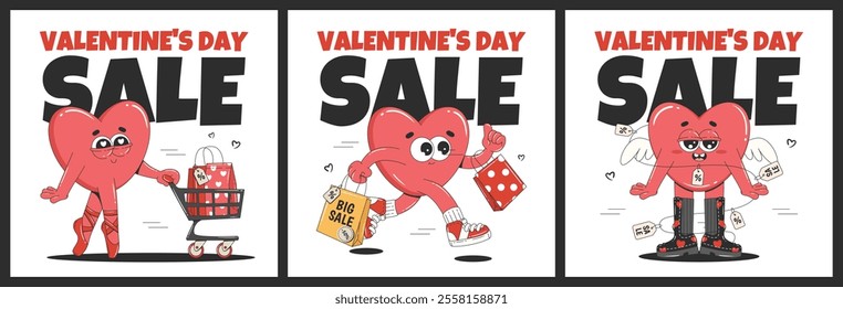 Valentine’s Day sale square posters. Cartoon groovy Heart and Earth characters. Design template for social media posts, posters, prints, websites, email, advertisement.