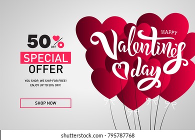Valentine’s Day Sale Template With Hand Lettering Text And Heart Air Balloons. Vector Illustration. Valentine’s Day Poster Special Offer Design. Template For A Poster, Flyer, Banner, Background.