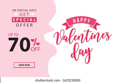 Valentine’s Day sale template with lettering text happy valentine's day. Vector illustration. Valentine’s Day poster special offer design. Template for a poster, flyer, 70%offer, banner, background.