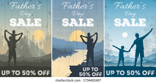 Father’s Day sale. Vector promotion poster with wooden texture and silhouette of dad and son on landscape background. Template for a discount flyer or advertising banner.