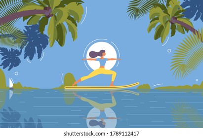 Day scene sup yoga vector concept illustration. Tropical paradise with woman flat character, palms and sea landscape in blue background