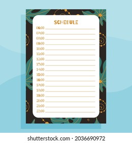 Day schedule planner print concept template. With hand drawn exotic floral leaves pattern. Vector