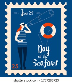 Day of the seafarer 25 June retro postmark or stamp.Sailor looks into the suspension pipe.Sailing yacht, lifebuoy and nautical knots, maritime vector illustration.Lettering for postcard, letter, mail.