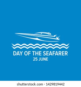 Day of the seafarer 25 june. Vector silhouette of yach or boat isolated on blue background