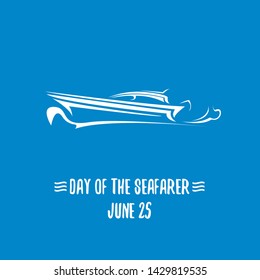 Day of the seafarer 25 june. Vector silhouette of yach or boat isolated on blue background