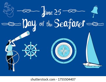 Day of the seafarer 25 June vector illustration. Sailor stands behind the steering wheel,looks into the suspension pipe.Sailing yacht, compass, anchor and nautical knots around.Lettering for postcard
