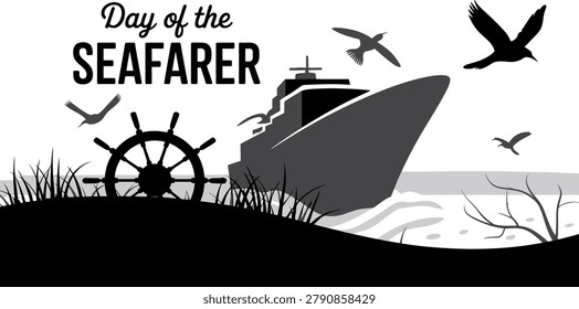 Day of the seafarer graphic design featuring a ship steering wheel and birds flying over the ocean waves for international maritime holiday celebration Vector, illustration