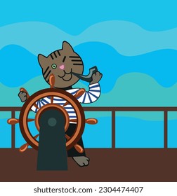 Day of the Seafarer. June 25. Holiday concept with sailor cat. The navigator cat smokes a pipe and turns the steering wheel. Vector illustration.