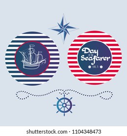 Day of the Seafarer. Vector card with an outlines of the sailing ship and handwritten lettering isolated on blue  background. Flat design illustration. Holiday poster. Blue, red stripes. 25 June. 