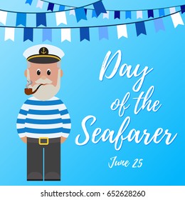 Day of the Seafarer. Vector illustration with a sailor and a garland with flags.
