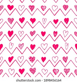 El día de San Valentín es un telón de fondo sin fisuras con corazones dibujados a mano y adorno de chevron. Ilustración vectorial de material.