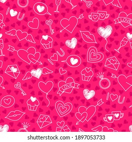 Día de San Valentín trasfondo sin fisuras con corazones. Iconos dibujados a mano por amor y boda. Ilustración vectorial de material.