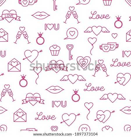 Valentine’s Day seamless background. Love and wedding outline icons set. Stock vector illustration.