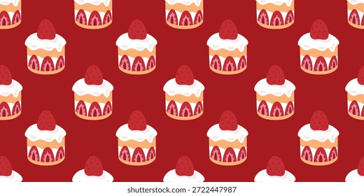 Patrón de cupcake sin fisuras de San Valentín con glaseado rosa sobre fondo rojo. Textura romántica para papel de regalo, tarjetas de felicitación, marca de panadería, textiles, Fondos de pantalla, embalaje y promociones de febrero.