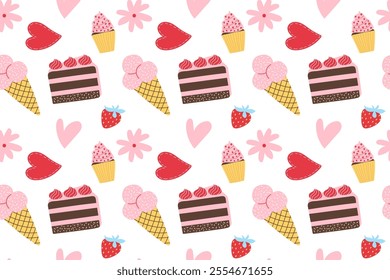  Valentine’s Day Seamless Pattern, cake, hearts, strawberries, ice cream, cupcake. Vector illustration, flat style, background