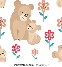 Mother’s day seamless pattern. Children's vector background in cartoon style with the image of cute animals and their cubs.