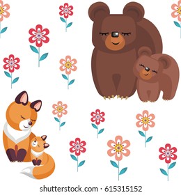 Mother’s day seamless pattern. Children's vector background in cartoon style with the image of cute animals and their cubs.