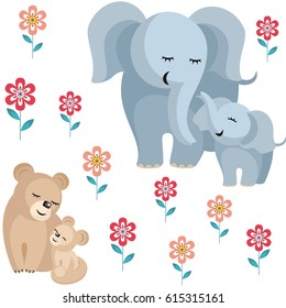 Mother’s day seamless pattern. Children's vector background in cartoon style with the image of cute animals and their cubs.