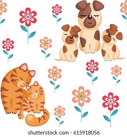 Mother’s day seamless pattern. Children's vector background in cartoon style with the image of cute animals and their cubs.