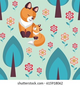 Mother’s day seamless pattern. Children's vector background in cartoon style with the image of cute animals and their cubs.