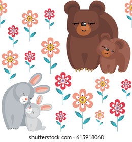 Mother’s day seamless pattern. Children's vector background in cartoon style with the image of cute animals and their cubs.