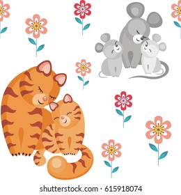 Mother’s day seamless pattern. Children's vector background in cartoon style with the image of cute animals and their cubs.
