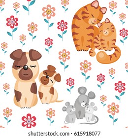 Mother’s day seamless pattern. Children's vector background in cartoon style with the image of cute animals and their cubs.