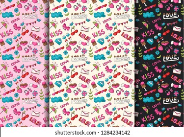 Valentine’s day seamless pattern. Colorful childish decor repeat background. Doodle  style love and hearts design concept. Vector illustration.