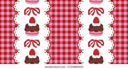 Patrón sin fisuras de San Valentín con cupcake y bordes de cinta sobre fondo rojo de guinga. Textura romántica dulce para el papel de embalaje, tarjetas de felicitación, embalaje de panadería, textiles y papelería en febrero.