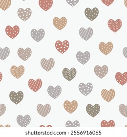 Valentine’s Day seamless pattern design of multicolor bohemian heart shapes. Allover print romantic textured background for wedding, anniversary, holiday celebration.