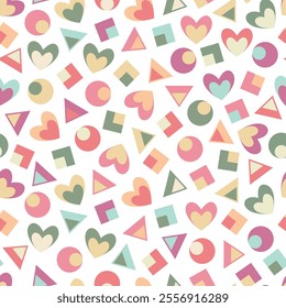 Valentine’s Day seamless pattern design of multicolor geometric heart shapes. Allover print romantic textured background for wedding, anniversary, holiday celebration.