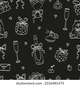 Valentine’s Day Seamless Pattern. Hand Drawn Ornament with Hearts, Flowers, and Gifts. Romantic Line Art on Black Background. Symbols of Love